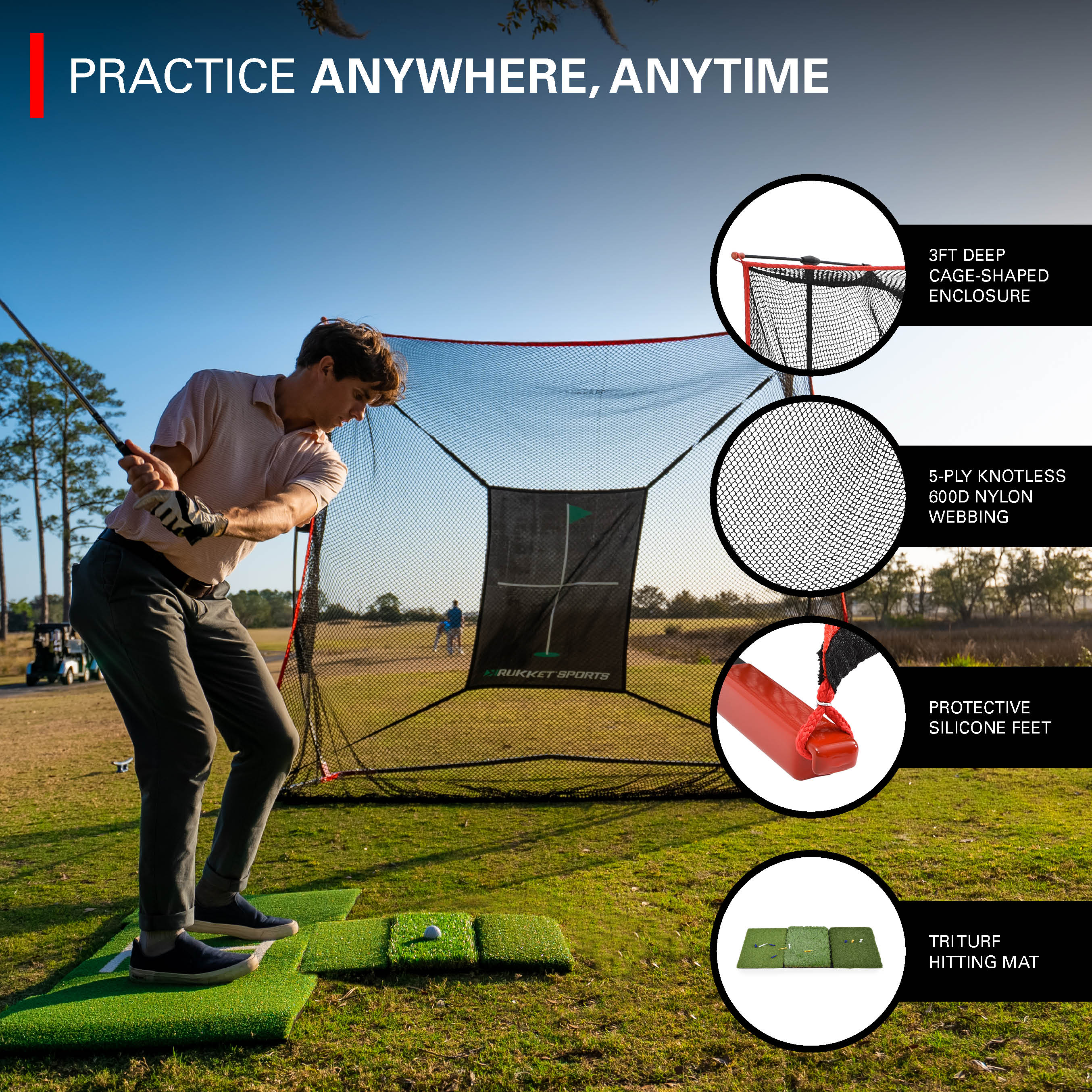 Rukket Sports 3 ft. x 9 ft. x 7 ft. Haack Golf Training Net Pro Set with Tri Turf Mat